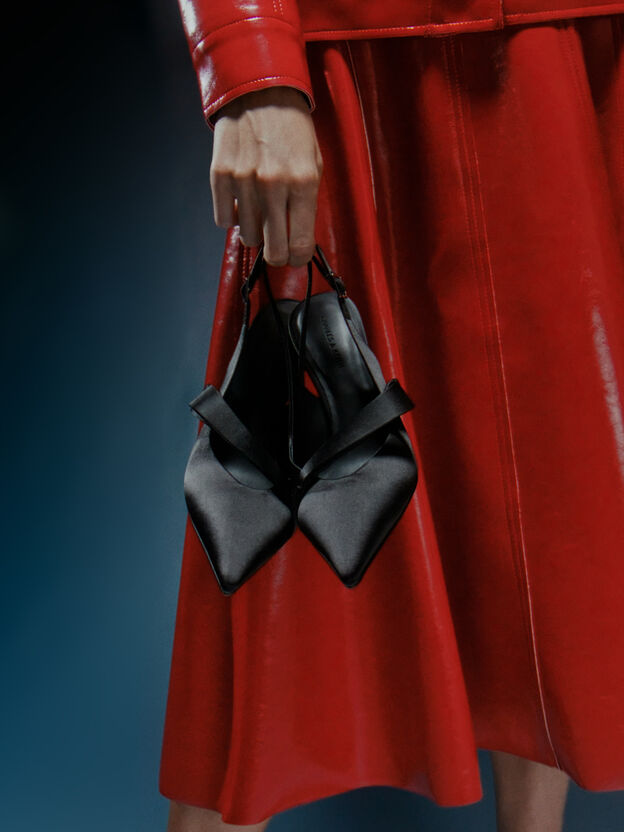 Satin Pleated-Strap Slingback Pumps, Black Textured, hi-res