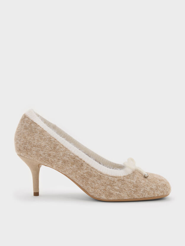 Two-Tone Knitted Bow Pumps, Beige, hi-res