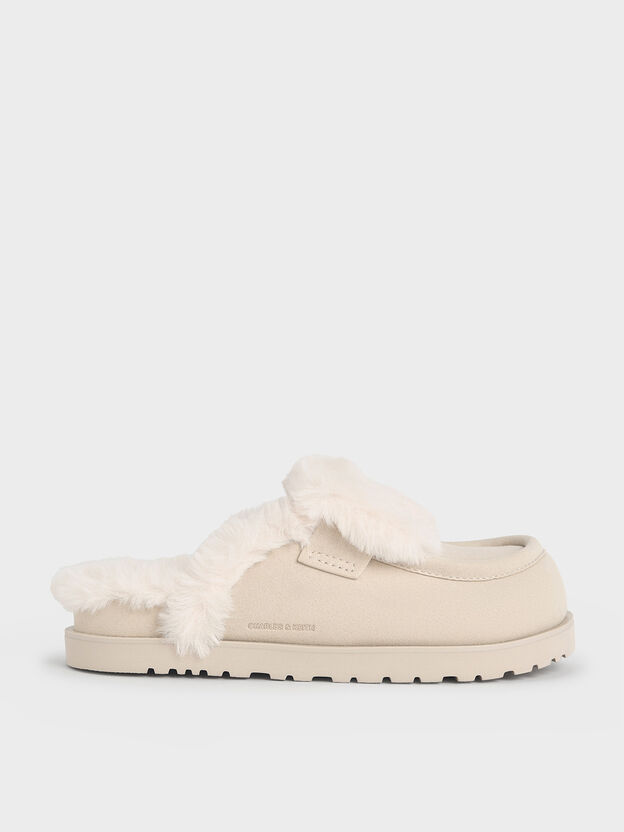Textured Fur-Trim Flatform Mules, Beige, hi-res