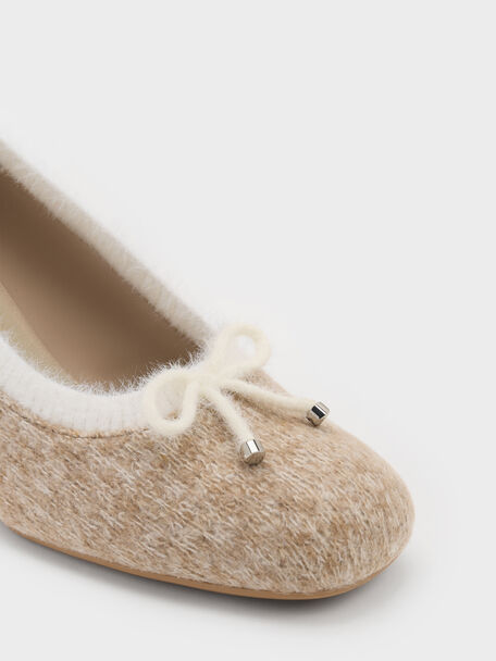 Two-Tone Knitted Bow Pumps, Beige, hi-res