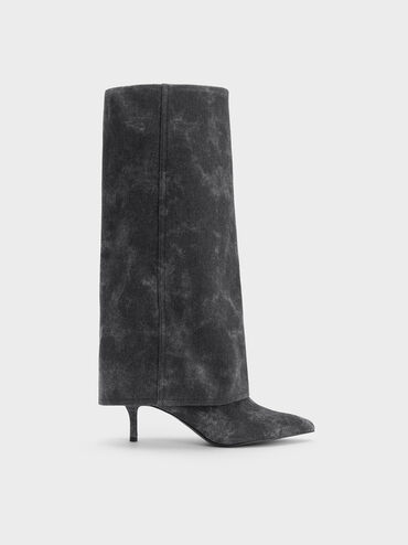 Denim Fold-Over Pointed-Toe Knee-High Boots, Dark Grey, hi-res