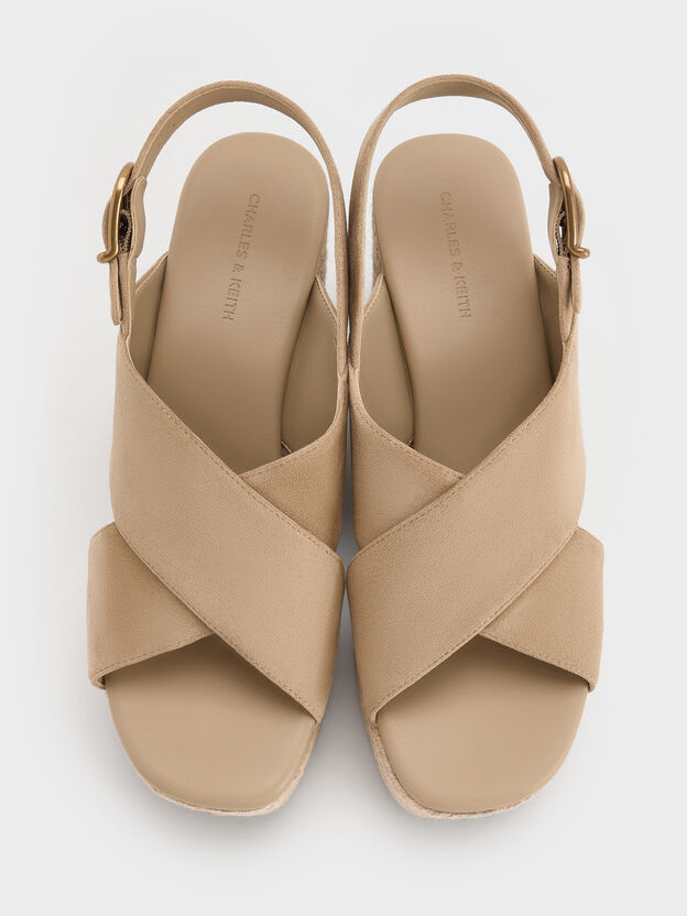 Faux Suede Crossover Espadrille Wedges, Sand, hi-res