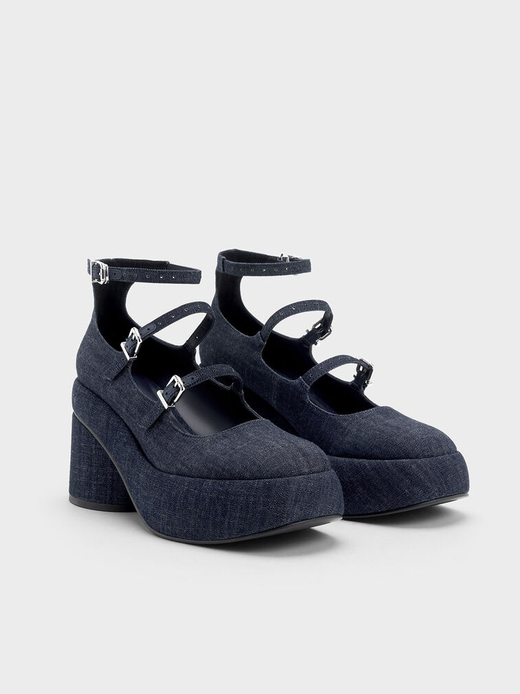 Luella Denim Triple-Strap Mary Jane Platform Pumps, Dark Blue Luella Denim Triple-Strap Mary Jane Platform Pumps, Dark Blue, hi-res
