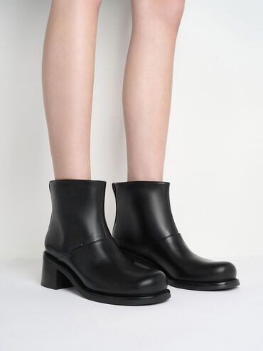 Stitch-Trim Block-Heel Ankle Boots, Black, hi-res