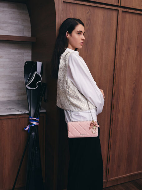 Paffuto Velvet Quilted Wallet On Chain, Pink, hi-res