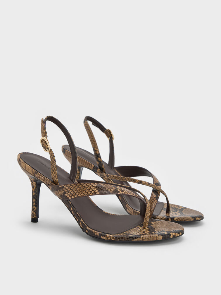 Snake-Print Stiletto Slingback Thong Sandals, Animal Print Natural, hi-res