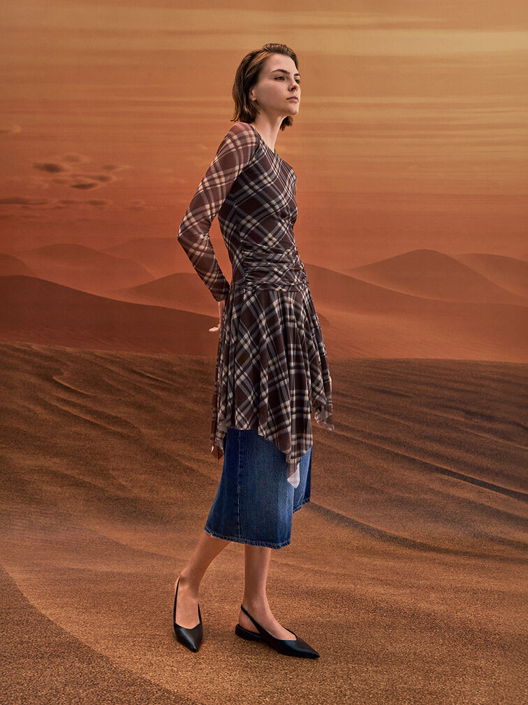 Pointed-Toe High-Vamp Slingback Flats, Black, hi-res