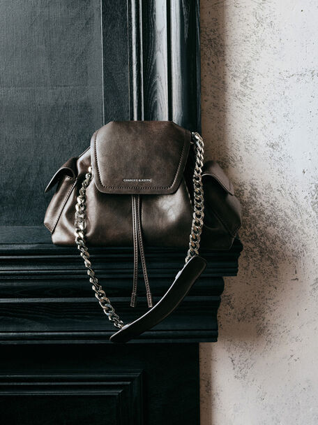 Noane Side-Pocket Two-Way Bucket Bag, Dark Brown, hi-res