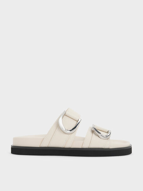 Gabine Silver-Buckle Leather Slides, Chalk, hi-res