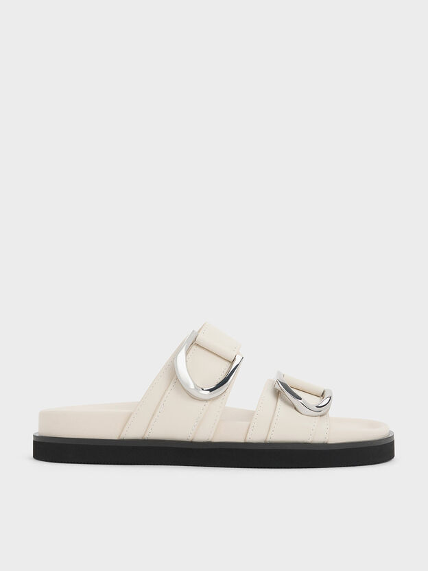 Gabine Silver-Buckle Leather Slides, Chalk, hi-res