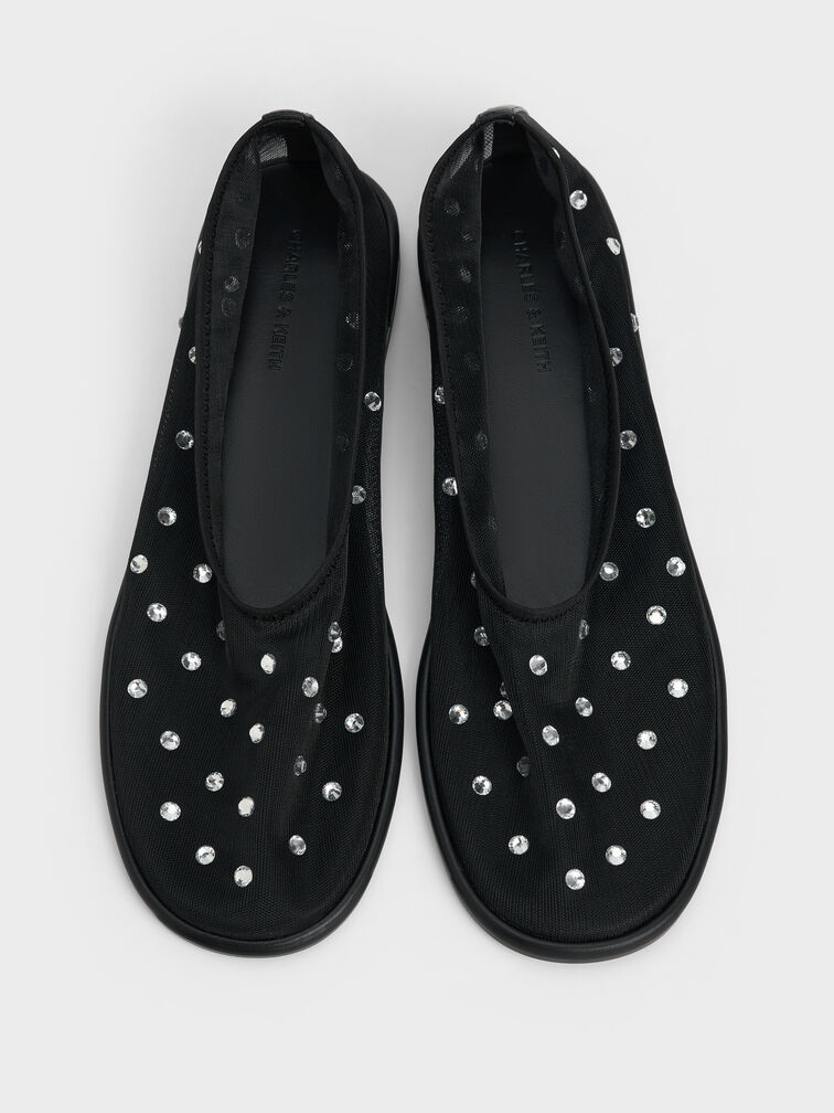 Mesh Gem-Embellished Ballet Flats, Black Textured, hi-res