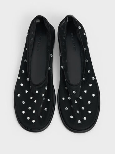 Mesh Gem-Embellished Ballet Flats, Black Textured, hi-res