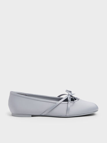 Satin Bow Ballet Flats, Grey, hi-res