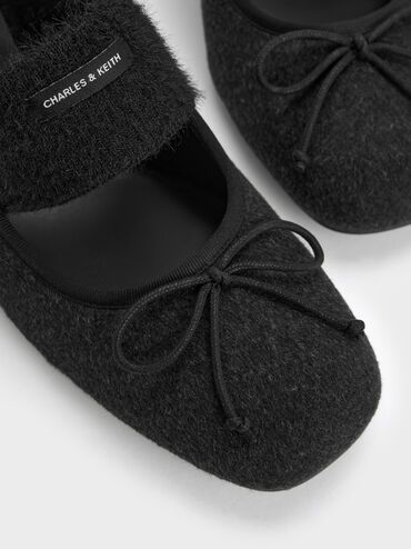 Winona Felt Bow Furry-Strap Mary Jane Pumps, Black Textured, hi-res