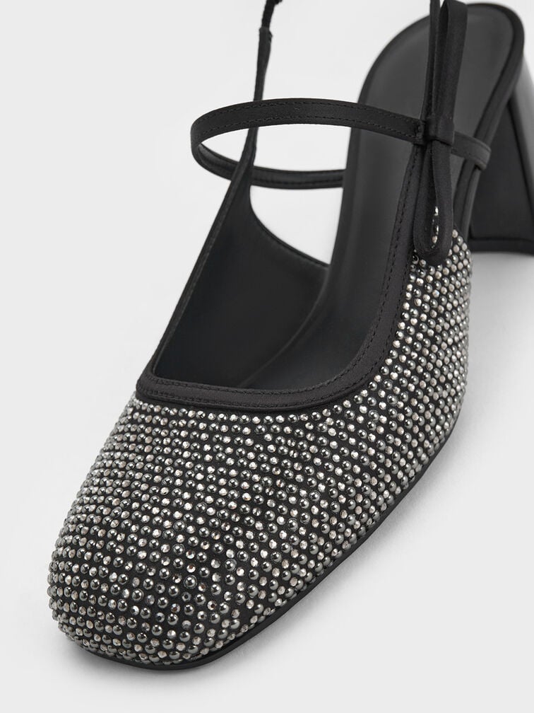 Satin Crystal-Embellished Slingback Mary Jane Pumps, Black Textured, hi-res