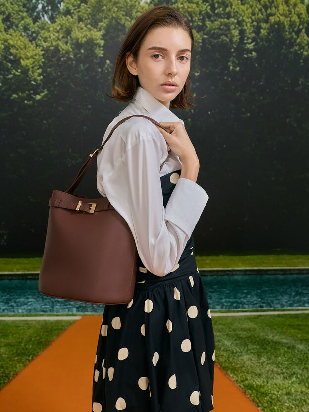 Jody Leather Belted Bucket Bag, Brown, hi-res