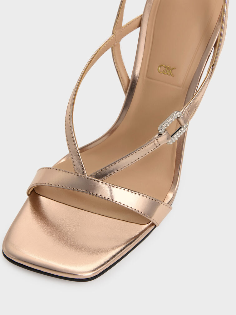Metallic Leather Crystal-Buckle Ankle-Strap Heels, Bronze, hi-res