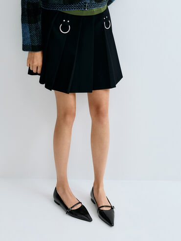 Crinkle-Effect Pointed Ballet Flats, Black, hi-res