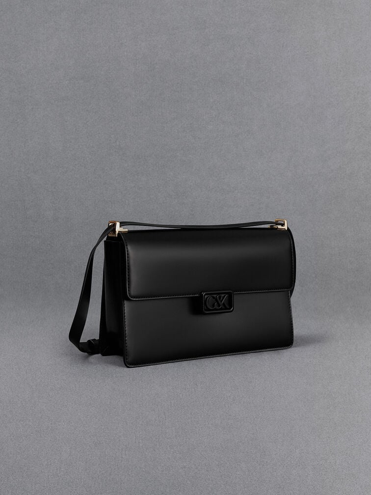 Leather Shoulder Bag, Black Leather Shoulder Bag, Black, hi-res
