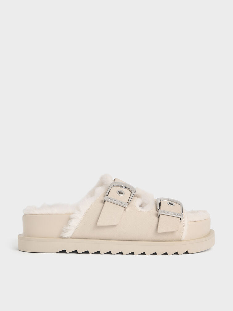 Hannah Furry Buckled Double-Strap Sandals, Beige, hi-res