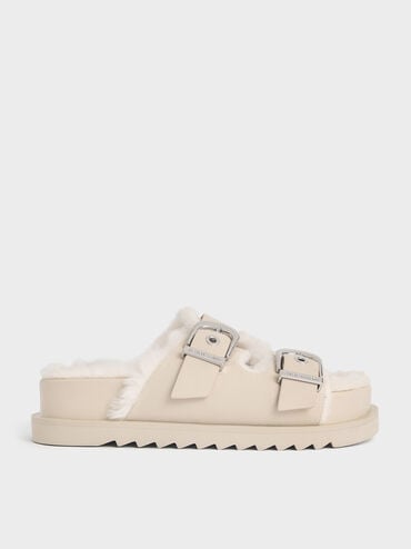 Hannah Furry Buckled Double-Strap Sandals, Beige, hi-res