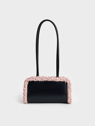 Fur-Trim Elongated-Handle Shoulder Bag, Pink, hi-res