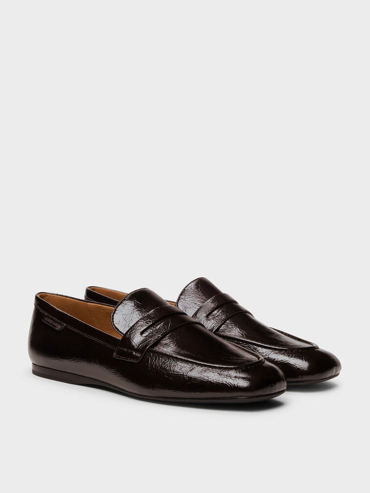 Crinkle-Effect Penny Loafers, Dark Brown, hi-res