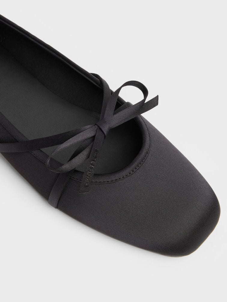 Satin Bow Ballet Flats, Black Textured, hi-res