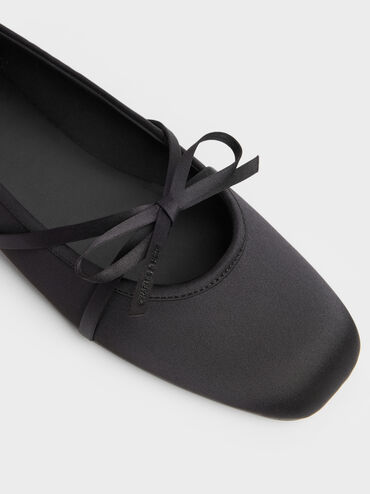 Satin Bow Ballet Flats, Black Textured, hi-res