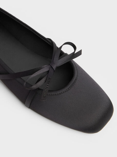 Satin Bow Ballet Flats, Black Textured, hi-res