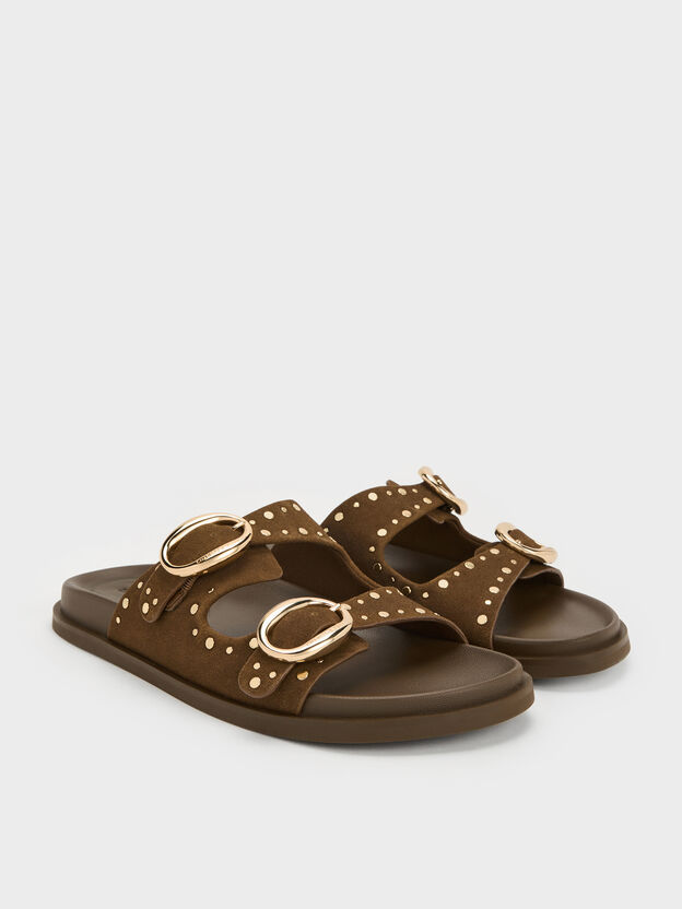 Studded Buckled Double-Strap Slides, Brown, hi-res
