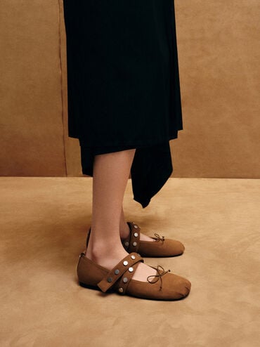 Gael Faux Suede Studded Crossover-Strap Bow Mary Janes, Brown, hi-res