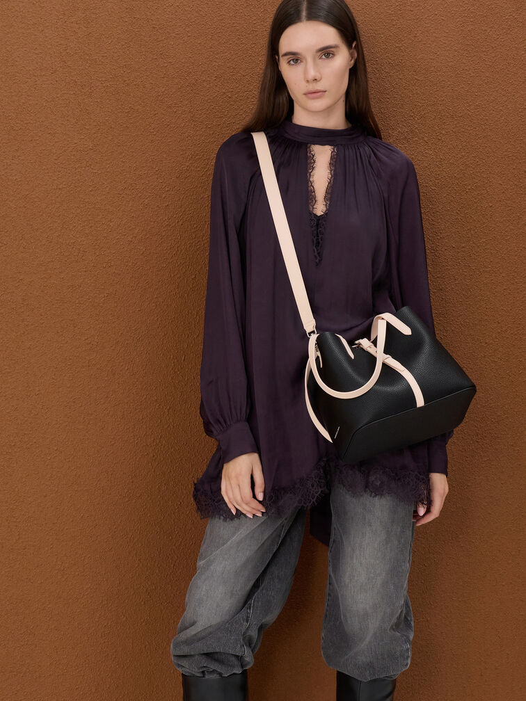 Beryl Two-Tone Belted Bucket Bag, Multi Black, hi-res