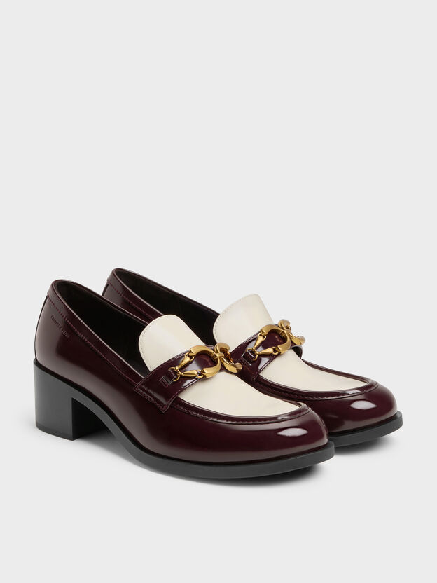 Two-Tone Metallic-Buckle Loafer Pumps, Burgundy, hi-res