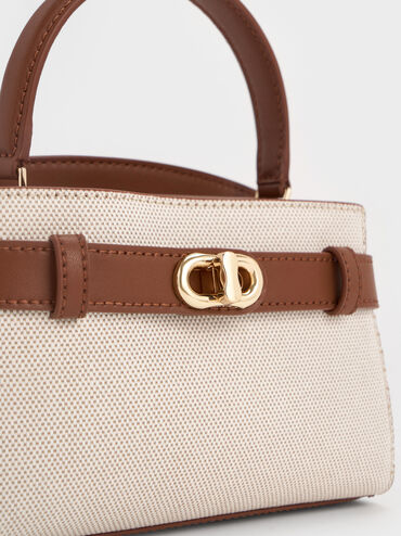 Aubrielle Canvas Belted Top Handle Bag, Taupe Canvas, hi-res