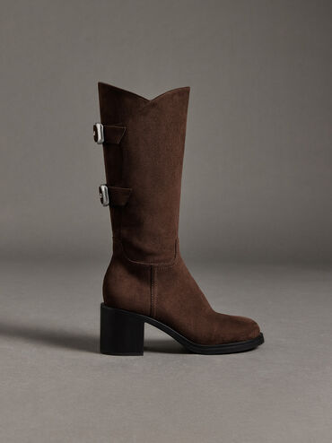Masei Faux Suede Grommet-Strap Knee-High Boots, Dark Brown, hi-res