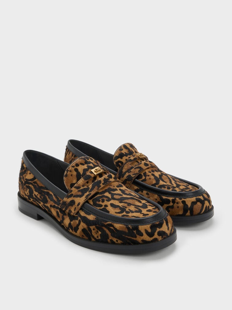 Georgina Calf Hair Leopard-Print Metallic-Accent Penny Loafers, Animal Print Brown, hi-res
