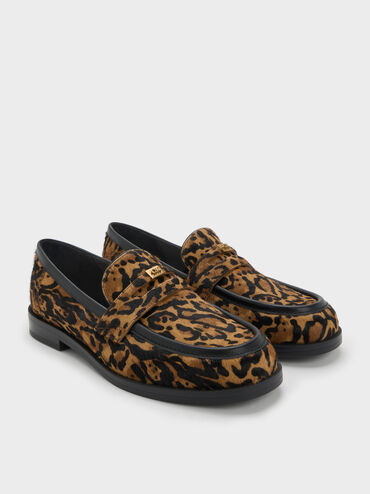 Georgina Calf Hair Leopard-Print Metallic-Accent Penny Loafers, Animal Print Brown, hi-res
