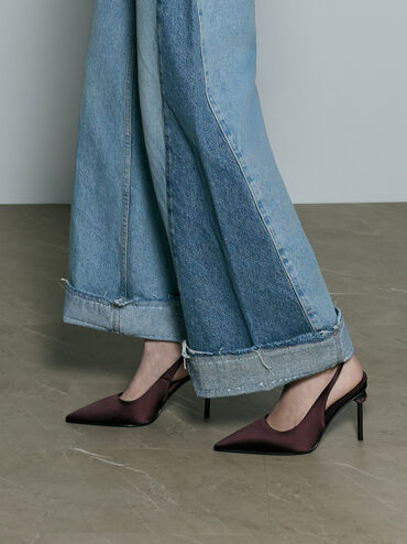 Satin Crystal-Embellished Ball-Heel Pointed-Toe Slingback Pumps, Burgundy, hi-res