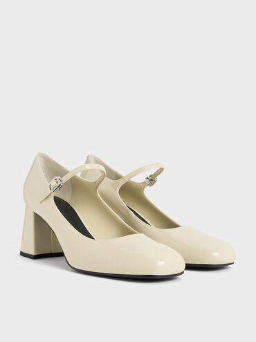 Patent Block-Heel Mary Jane Pumps, Chalk, hi-res