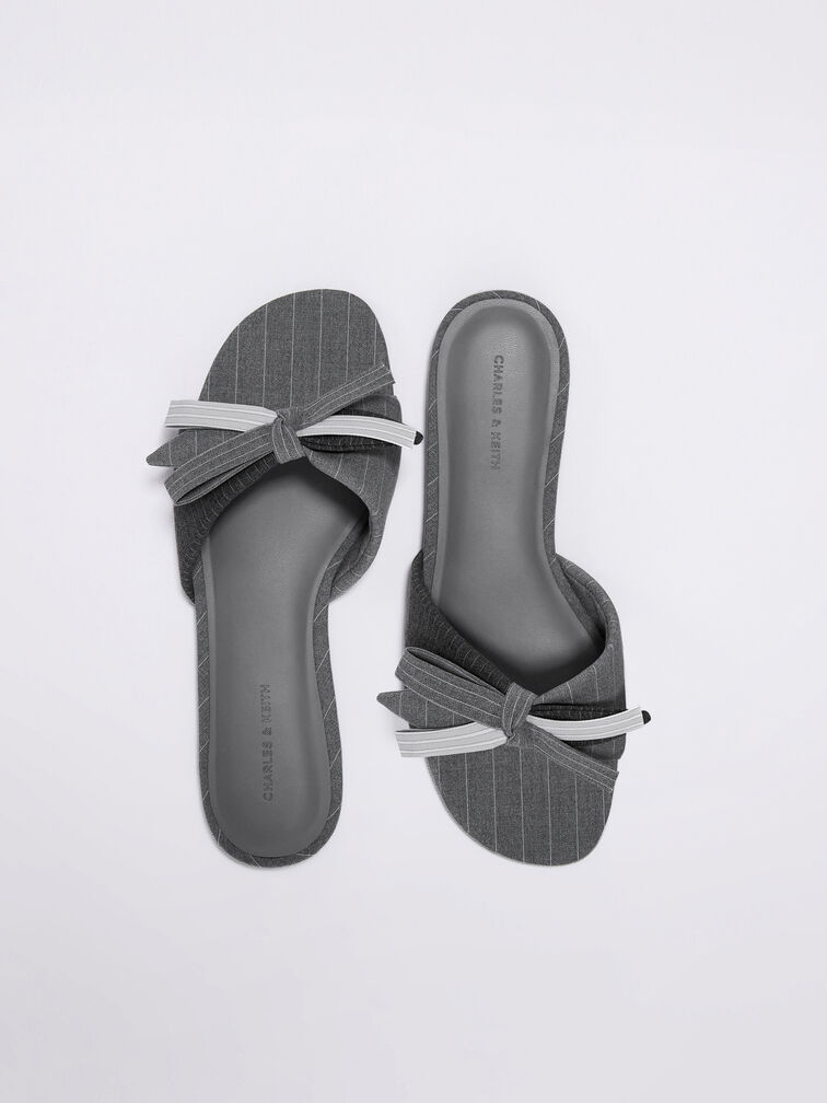 Striped Bow Slide Sandals, Grey, hi-res