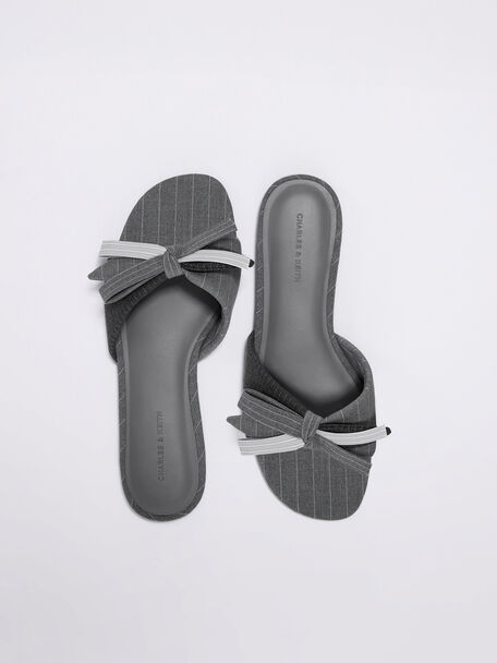 Striped Bow Slide Sandals, Grey, hi-res