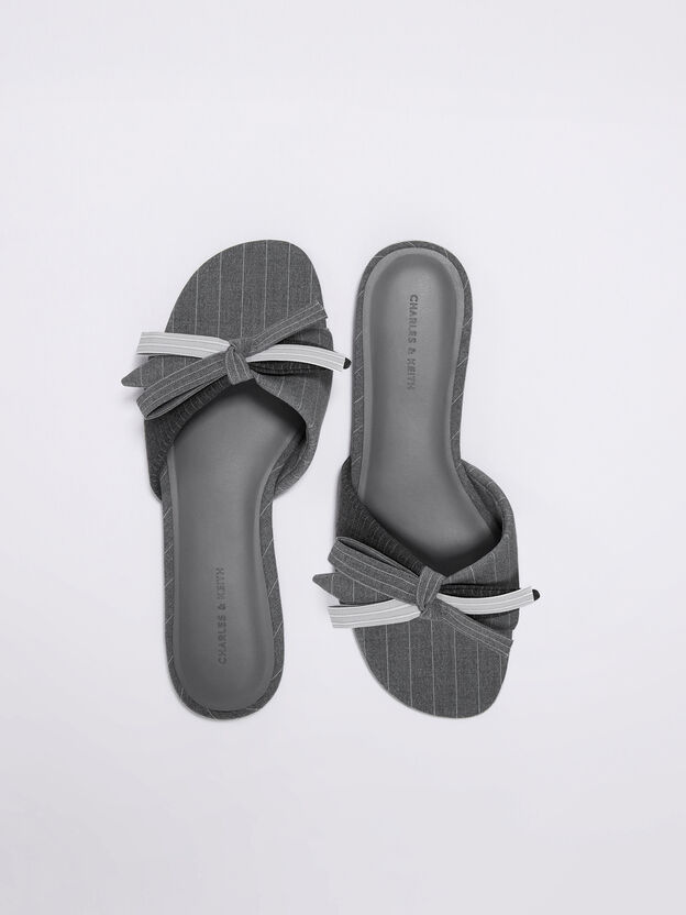 Striped Bow Slide Sandals, Grey, hi-res