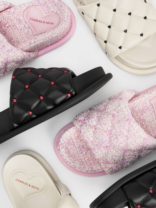 Dahlia Padded Quilted Heart-Print Sandals, Black, hi-res