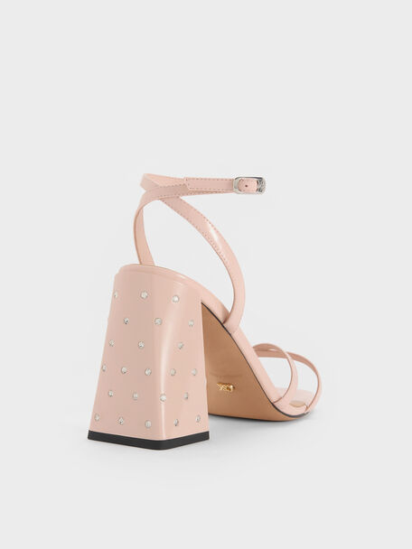 Emmaline Patent Leather Crystal-Heel Sandals, Pink, hi-res