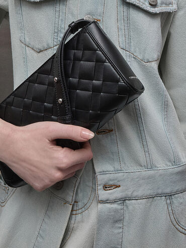 Ivette Woven Elongated Shoulder Bag, Noir, hi-res