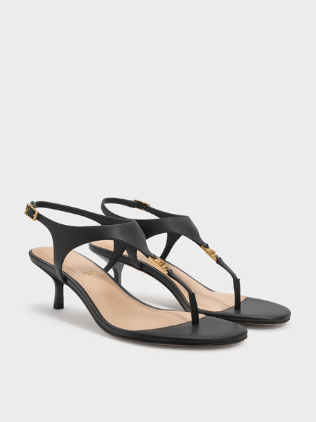 Leather Thong Kitten Heels, Black, hi-res