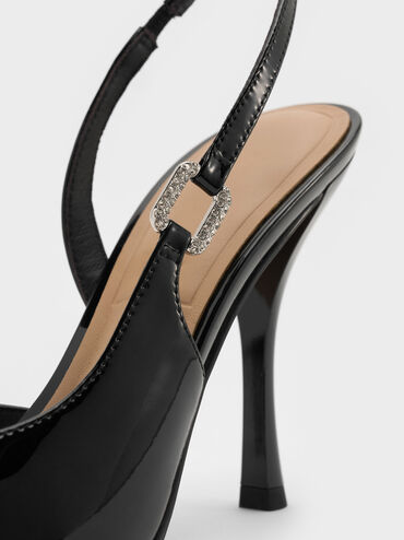 Patent Leather Crystal-Buckle Slingback Pumps, Black Patent, hi-res