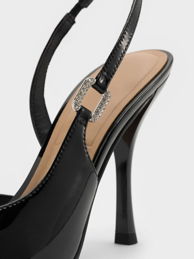 Patent Leather Crystal-Buckle Slingback Pumps, Black Patent, hi-res