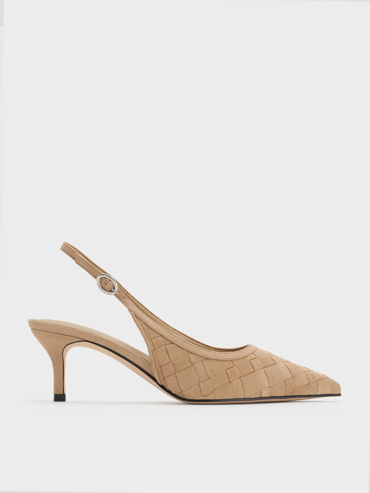 Ivette Faux Suede Woven Pointed-Toe Slingback Pumps, Sand, hi-res